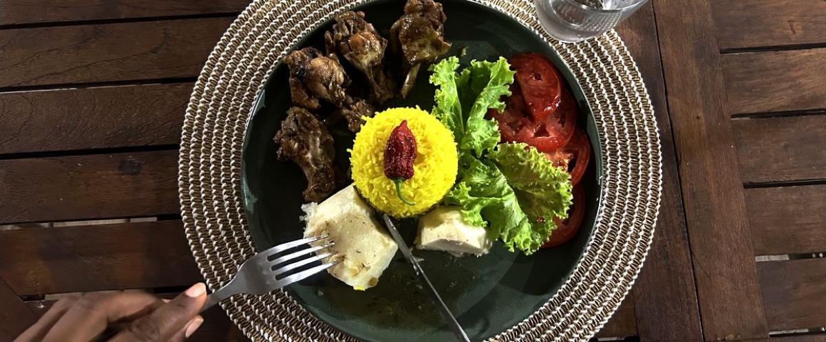 Assiette de fricassée de poulet, ignames, riz et crudités
