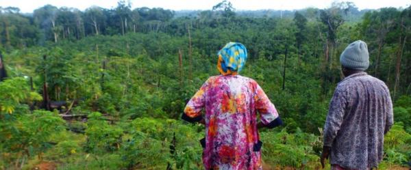 Carmen K. (à droite), une agricultrice Bushinengue, montre à une conseillère agricole son abattis défriché par ses soins © M. Chen, Cirad