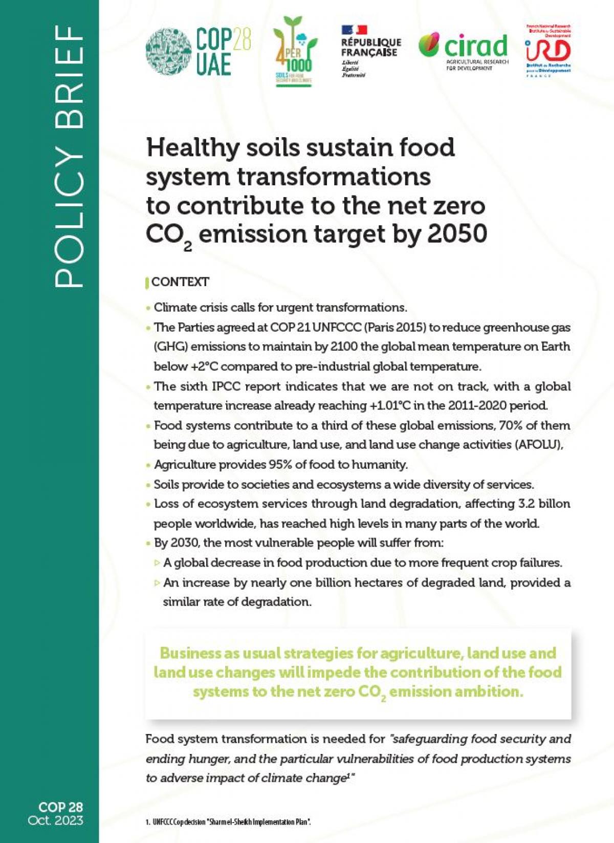 Healthy soils sustain food system transformations to contribute to the net zero CO2 emission target by 2050