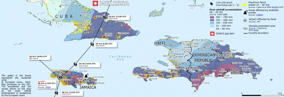 Caption: Map showing the path of Hurricane Melissa over Jamaica and Cuba &ndash; 30 October 2025. Source: Reliefweb and DG ECHO.