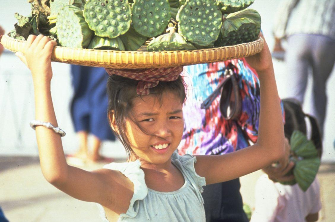 Young girl in Phnom Penh, Cambodia, selling lotus flower hearts. © G. Trébuil, CIRAD