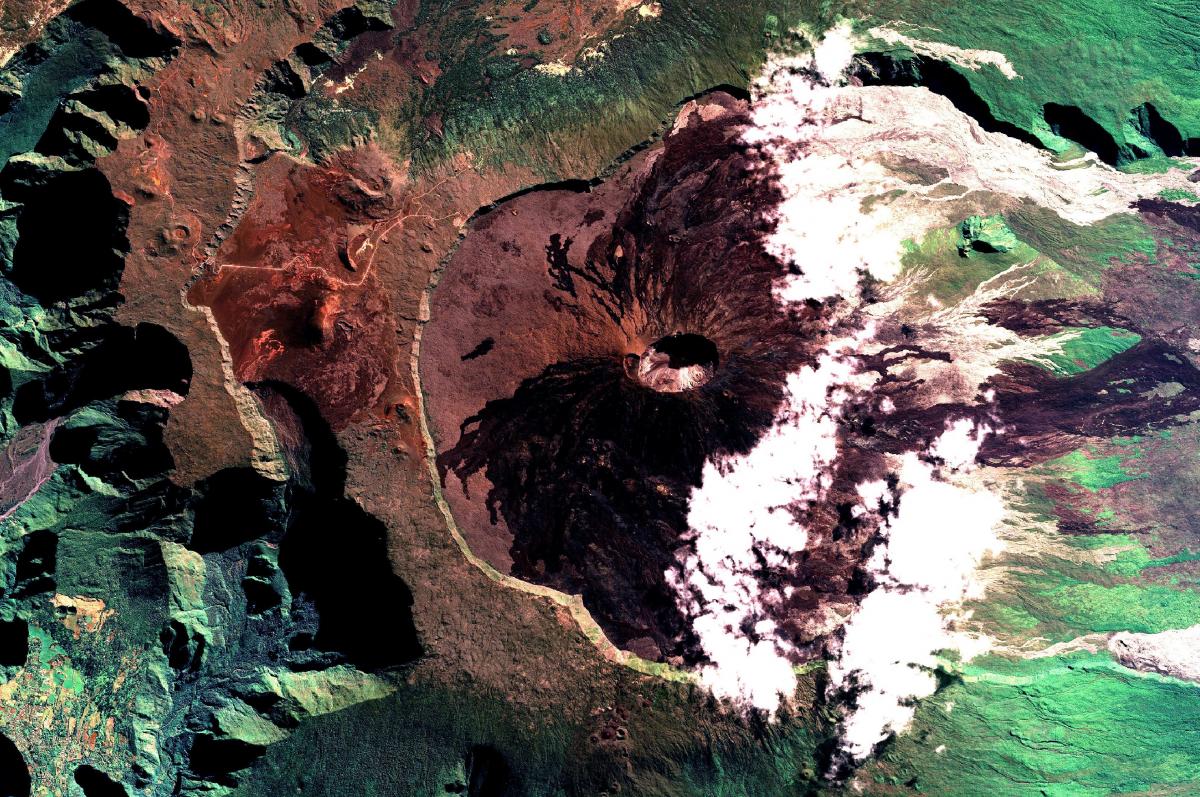 SPOT image (July 2019) of the Piton de la Fournaise, a volcano on Réunion Island, available on the DINAMIS portal © ADS GeoIntelligence