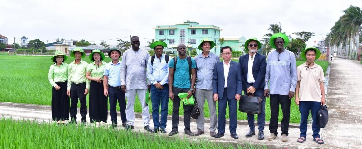 Une d&eacute;l&eacute;gation s&eacute;n&eacute;galaise et des partenaires vietnamiens posent ensemble dans une rizi&egrave;re lors d&rsquo;une visite de terrain au Viet Nam.