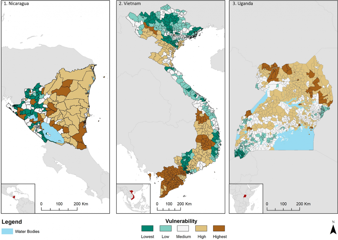 Vulnérabilité au changement climatique (2050) sous un scénario d’émissions élevées au Nicaragua, Ouganda et Vietnam. © L. Parker, C. Bourgoin A. Martinez-Valle, P. Läderach (PLOS ONE)