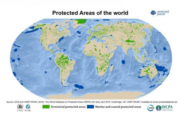 Map showing protected area distribution on a global level. More than 22.5 million km² of land and 28 million km² of sea and coastal areas are currently protected. protectedplanet.org, CC BY-NC-ND