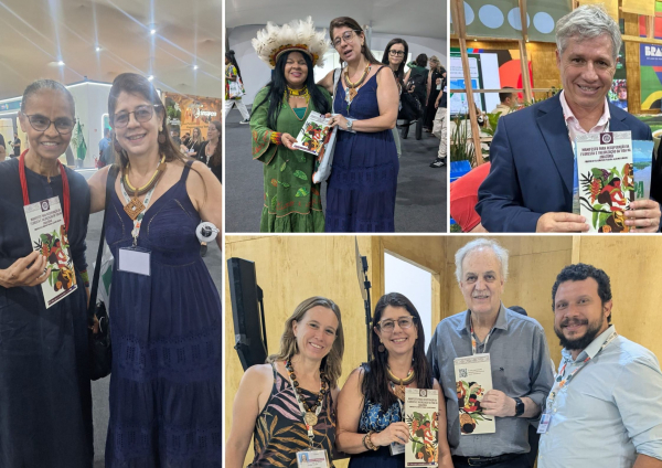 L&eacute;gende : photo 1 : Marina Marina Silva, ministre br&eacute;silienne de l&rsquo;Environnement et du climat et Livia Navegantes, Universit&eacute; F&eacute;d&eacute;rale du Par&aacute; (UFPA), photo 2 : Sonia Guajajar&aacute;, ministre des Peuples autochtones, photo 3 : Paulo Teixeira, ministre du D&eacute;veloppement agraire, photo 4 : Emilie Coudel, Cirad, Livia Navegantes, UFPA, Carlos Nobre, Universit&eacute; de S&atilde;o Paulo (USP) et Gabriel Resque, Universit&eacute; F&eacute;d&eacute;rale Rurale d&rsquo;Amazonie (UFRA)