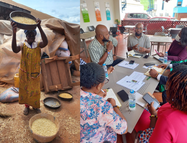 Femme vannant le maïs (à gauche). © G. Soullier - Discussion de groupe (à droite). © P. Girard, Cirad