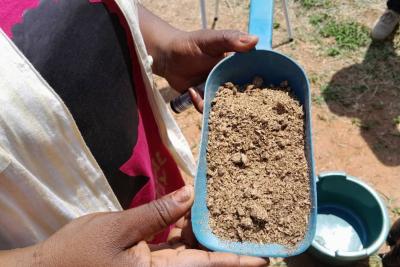 Présentation d’un biofertilisant à base de champignons mycorhiziens. © S. Koutchou, Cirad